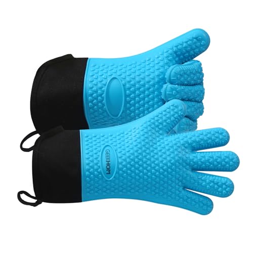 BBQ Gloves Heat Resistant Oven Mitts (Blue / Extra Large)