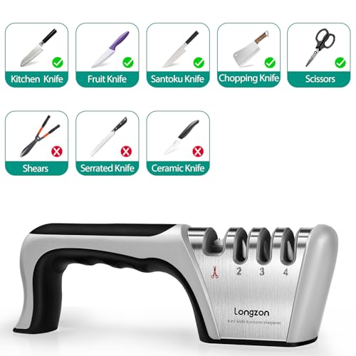 5-in-1 Knife Sharpener 4 Stage with Cut-Resistant Glove, Quickly Sharpens & Restores Dull Blades, Easy & Safe for Home Manual Kitchen Use, Fits Most Knives and Scissors, Black+Silver (Black+Silver)
