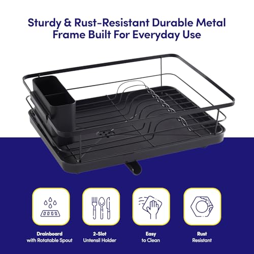 Dish Drying Rack 3 Piece Dish Drainer with Drainboard Set for Kitchen Counter (15.5" x 12" x 5" / Black)