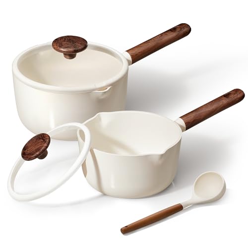 2QT & 3QT Sauce Pan Sets with Lid & Ladle Ceramic Nonstick Pot Set Non Toxic Saucepan Small Kitchen Cooking Pots (White)
