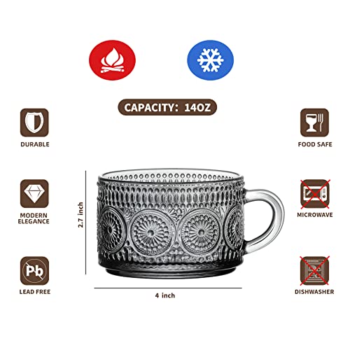 Vintage Glass Coffee Mugs 14 Oz Set of 2 Gray Embossed Tea Cups for Cappuccino (Gray)