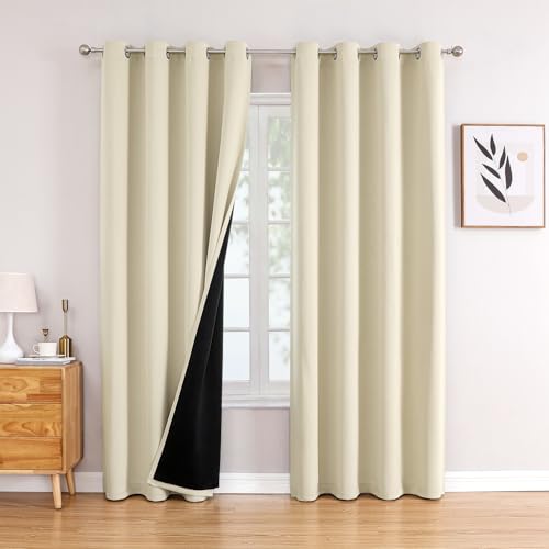 100% Blackout Curtains for Bedroom 90 Inches Long 2 Panels Set (52"W x 90"L (Pack of 2) / Light Beige)