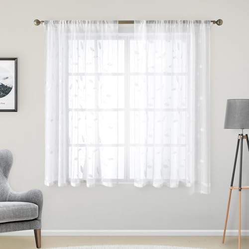White Sheer Kitchen Curtains 52 x 45 Inch Length 2 Panels Embroidered Leaf Pattern Short Curtains for Bedroom Half Small Window Rod Pocket Tiers (52"W x 45"L (Pack of 2) / 4-white)