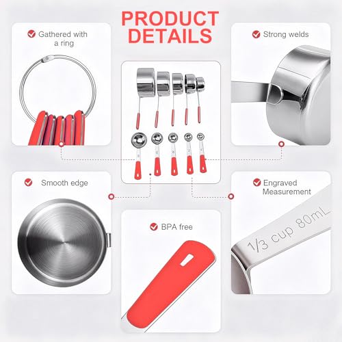 10 Pcs Stainless Steel Measuring Cups & Spoons Set (Red)