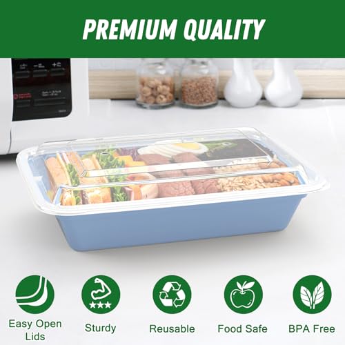 50 Pack (100-Piece) 32 oz Meal Prep Containers with Easy Open Lids, Blue (Blue)