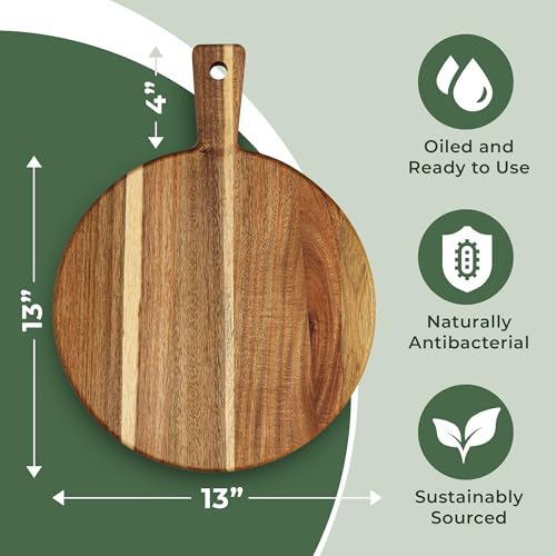 Acacia Wood Cutting Board and Chopping Board with Handle for Meat (Round)