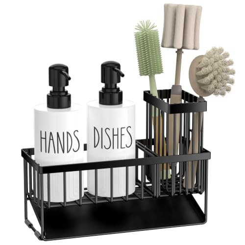 Kitchen Dish Soap Dispenser Set with Sponge Holder (Black+white)