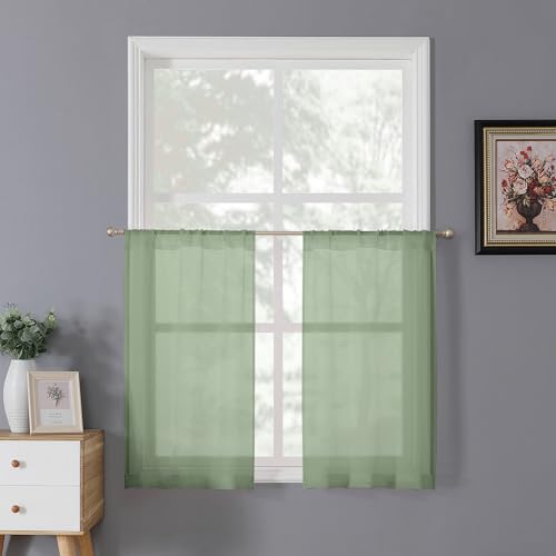 Short Sheer Tier Curtains Linen Textured Half Kitchen Curtain Sheers Light Filtering Rod Pocket Voile Small Curtain for Bathroom (25"W x 24"L (Pack of 2) / Sage Green)