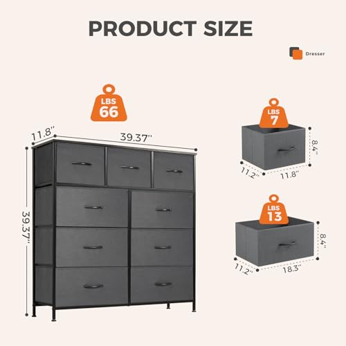9 Drawer Fabric Dresser Tall Chest Storage Organizer Tower (Grey / 39.4"D x 11.8"W x 40"H (9 Drawers))