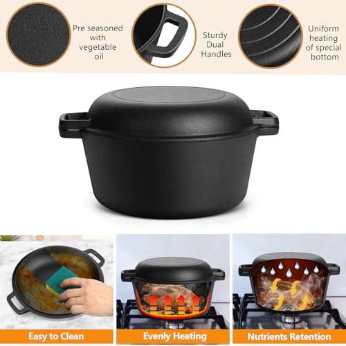 2 In 1 Black Dutch Oven Pot with Lid for Bread Baking (Black)