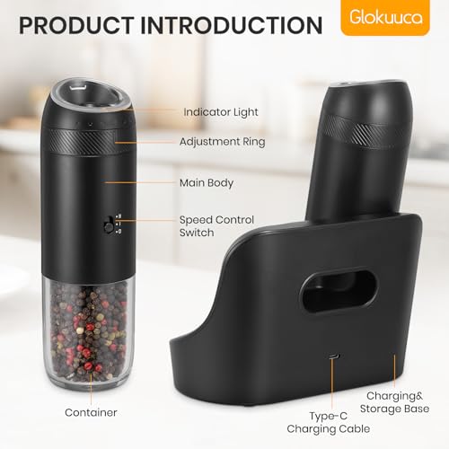 Rechargeable Gravity Electric Salt Grinder Set (Black with Charging Base)