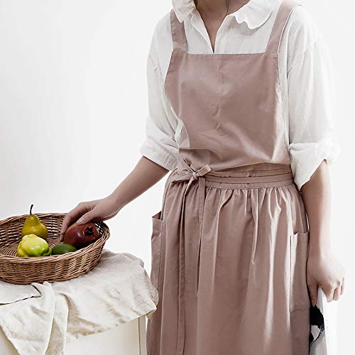 Women Cotton Linen Cross Back Apron with Pockets for Gardening Works Pinafore Dress (Pink)
