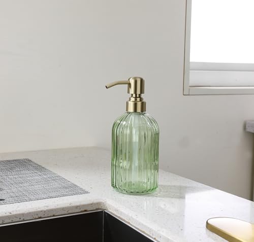 16Oz Green Glass Soap Dispenser with Rust Proof Stainless Steel Pump (Brushed Gold + Green / 1-Pack)