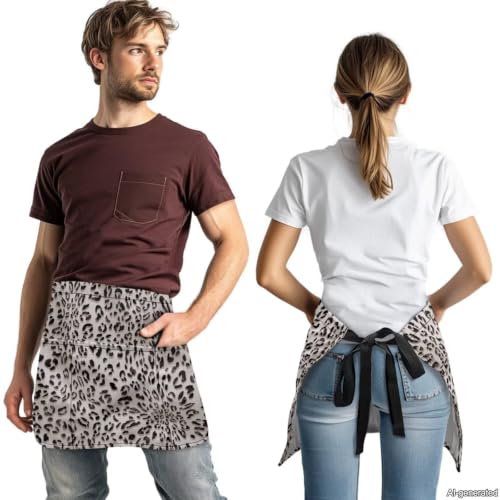 Waist Apron with 3 Pockets (Gray Leopard Print)