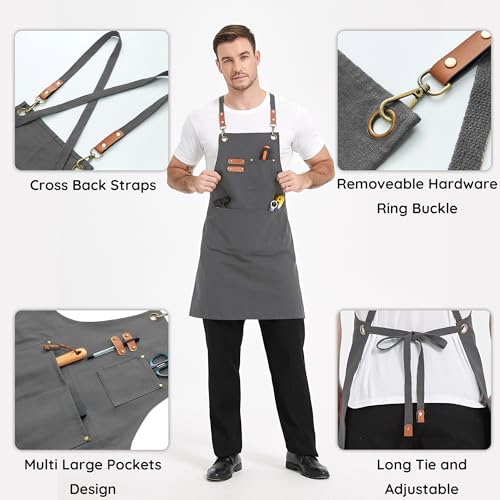 Chef Canvas Aprons with 3 Large Pockets Adjustable Strap for Men Women Gray (Gray)