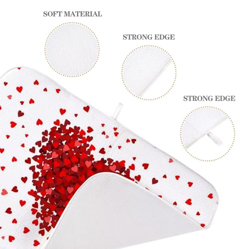 Valentines Day Dish Drying Mat 18 x 24 inch Red Hearts Decorative Drying Mats Microfiber Absorbent Love Heart Dish Washable Draining Mat for Kitchen Counter Decor (18x24 Inch / Red Hearts)