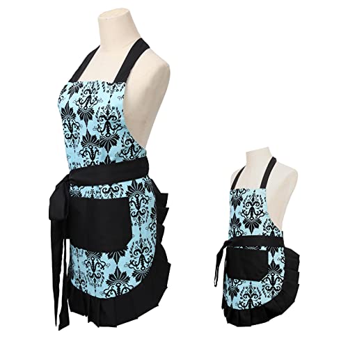 Vintage Ruffle Floral Aprons with Pockets for 2 Pockets for Mama and Me (Blue-mama and Me Set)