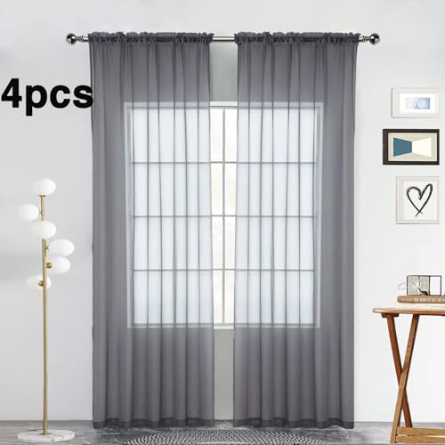 Grey Sheer Curtains 4 Panels Rod Pocket Semi (Grey / 52"W x 96"L (Pack of 4))