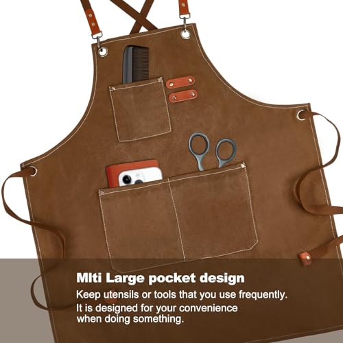 Cross Back Chef Aprons for Men Women with Pockets (Brown)