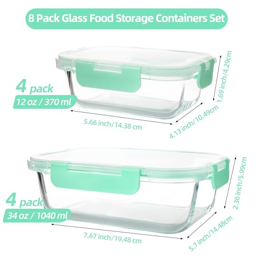 16Pack Glass Meal Prep Containers 8 Bowls with 8 Airtight Mint Lids 2 Sizes (mint)