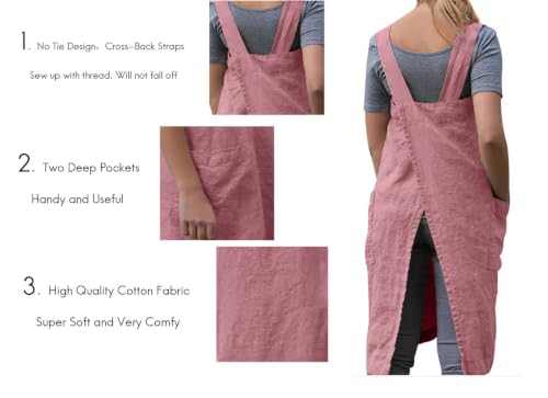 Women's Pinafore Square Apron Baking Cooking Gardening Works Cross Back Cotton (Small / Red Bean Pink)