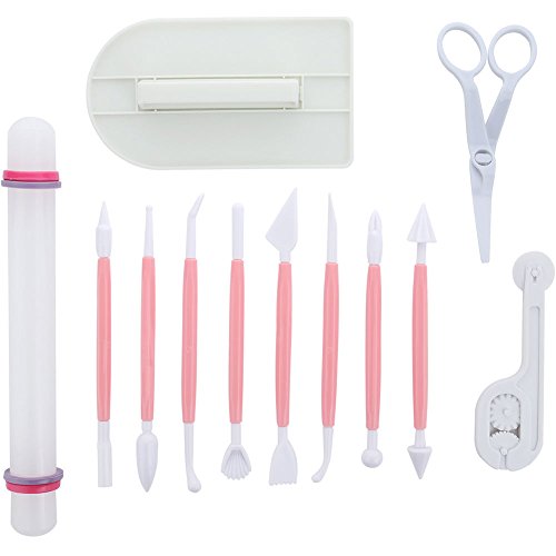 Marshmallow Fondant Cake Decorating Hand Tool 12 Pcs 5 Sets Sugarcraft Gumpaste Icing Smoother Rolling Pin Trimmer Cutter Embosser Flower Scissor Modelling Accessories Supplies Kit Pink (Pink)