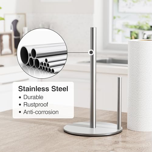 Paper Towel Holder Silver Stainless Steel Kitchen Countertop Roll Organizer (Silver)
