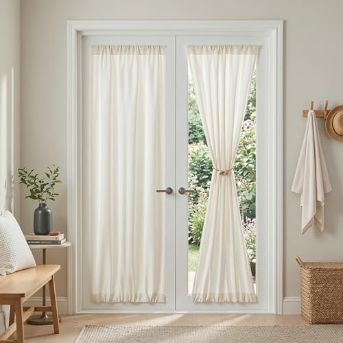 Natural French Door Curtains for Door Window 72 Inch Length Semi Sheer Light Filtering Curtain for Bedroom Window Glass Rod Pocket for Kitchen Dining Room (26"W x 72"L (Pack of 2) / Beige White)
