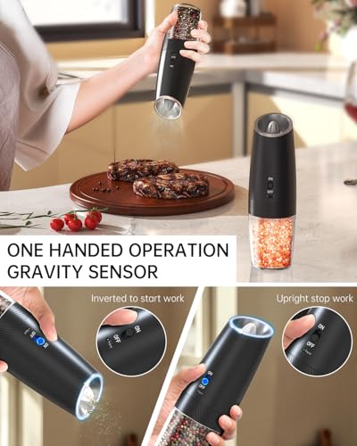 Gravity Electric Pepper Grinder Rechargeable Salt Grinder Pepper Griner Mill Electric with LED Light (Classic Black)