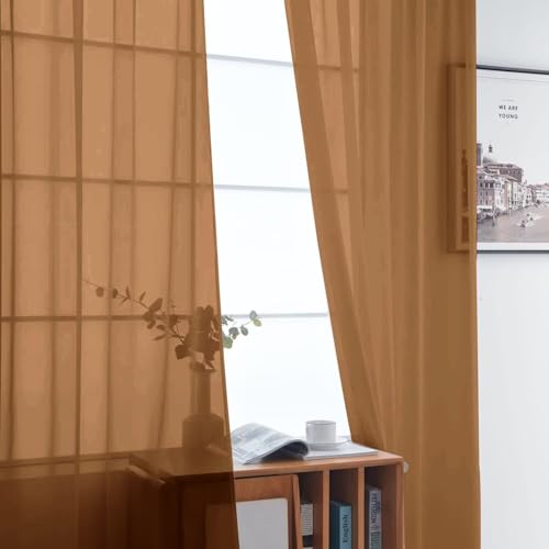 Basic Rod Pocket Sheer Voile Window Curtain Panels Khaki 1 Pair 2 Panels 52 Width 108 Inch Long for Kitchen Bedroom Children Living Room Yard（Khaki (Khaki / 52"W x 108"L (Pack of 2))