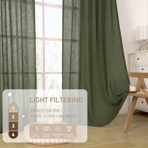 Olive Green Sheer Linen Curtains 63 inch Length for Bedroom (52"W x 63"L (Pack of 2) / Olive Green)