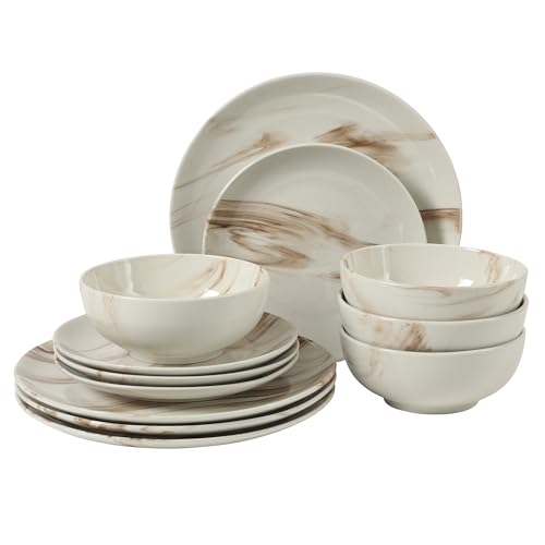 Cloudlight 12 Piece Plates and Bowls Dishes Brown and White (Service for 4 (12pcs) / Brown & White (Cloudlight))