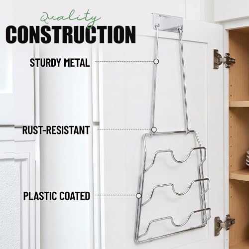 2-in-1 Pot Lid Organizer with Towel Holder - 2 Pack, 3-Tier Cabinet Door Rack - Space-Saving Kitchen Organizer for Glass or Metal Pan Lids & Towels - Over the Door Design - Chrome (Set of 2 / Chrome - Over the Door Design)