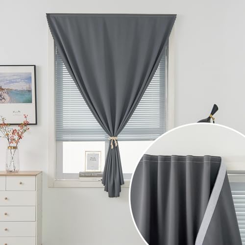 Magic Tape Blackout Curtains for Bedroom No Drillng Self Adhesive Curtains No Rod Small Window (47"W x 96"L (Pack of 2) / Grey)