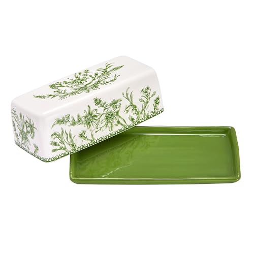Green Garden Toile Ceramic Butter Dish with Lid (Green Garden Toile De Jouy / Large)