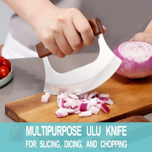 Ulu Knife with Stand for Cutter Pizza Meat Vegetables Herb Salad (Brown)