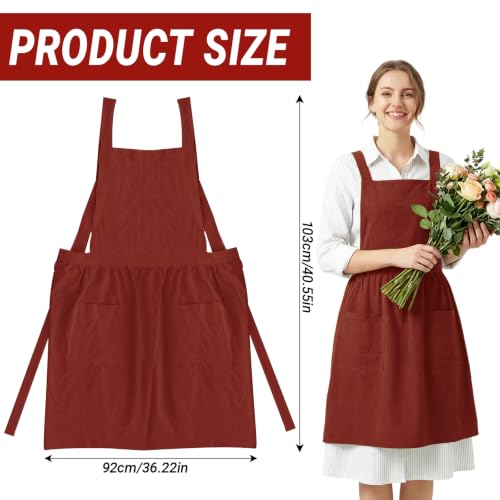 Linen Cotton Pinafore Apron Dress for Women with Pockets (Brick Red)