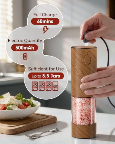 Larger Capacity Rechargeable Electric Salt and Pepper Grinder Set (Wood color)