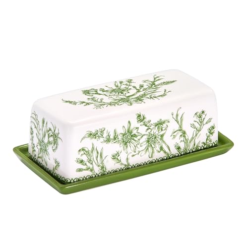 Green Garden Toile Ceramic Butter Dish with Lid (Green Garden Toile De Jouy / Large)