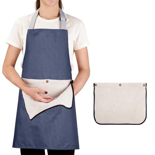 Waterproof Kitchen Apron with Pockets & Interchangeable Towels (Dark Blue)