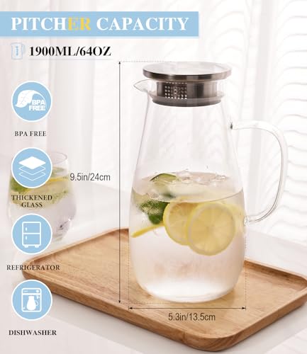64oz Glass Borosilicate Pitcher with Lid and Handle for Fridge (64 Ounces)