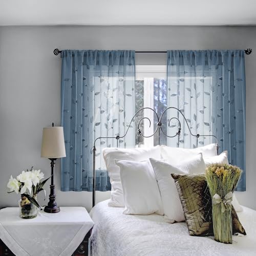 Stone Blue Kitchen Curtains Leaf Embroidered (52"W x 45"L (Pack of 2) / Stone Blue)