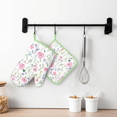 Pink Floral Silicone Oven Mitts Pan Mats Set of 2 (Black7)