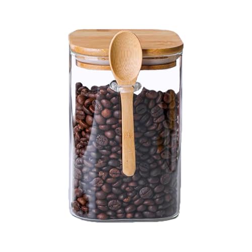 Sugar Bowls Sugar Container 25.36 FL OZ Glass Coffee Canister Airtight Food Storage Jar with Lid and Spoon Candy Jar Coffee Bar Accessories Storage Beans Powder (Square)