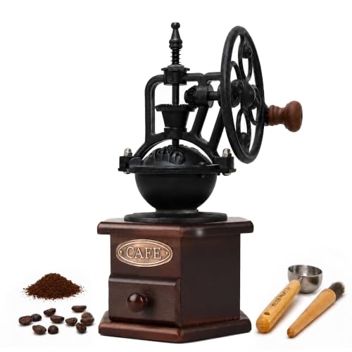 Vintage Manual Coffee Grinder with Cast Iron Ferris Wheel Hand Crank (Espresso Brown (Hexagon Base))