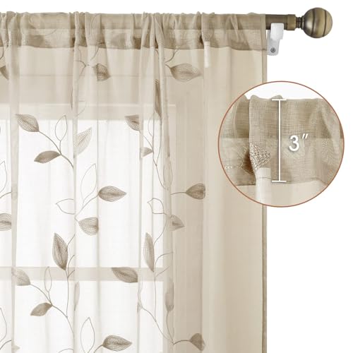 Taupe Sheer Curtains Leaf Embroidered (52"W x 96"L (Pack of 2) / 2-taupe/Beige)