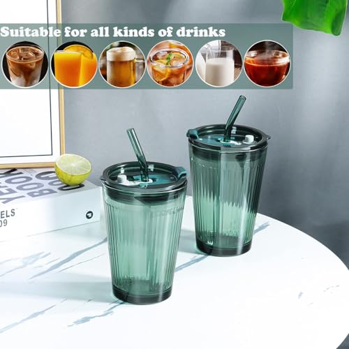 Glass Tumbler with Straw and Lid (Green-1)