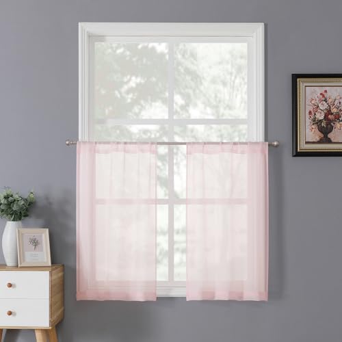 Sheer Tier Curtains Kitchen Linen Textured Half Curtain Sheers Light Filtering Rod Pocket Voile Bathroom Short Curtains for Farmhouse (25"W x 30"L (Pack of 2) / Pink)