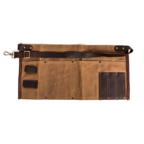 Waterproof Waxed Canvas Tool Apron With the Adjustable Genuine Leather Belt (Khaki)