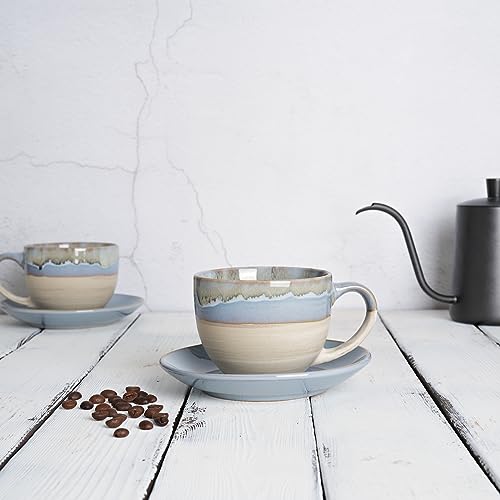 Ceramic Cappuccino Cup and Saucer Set of 2 (Light Blue)